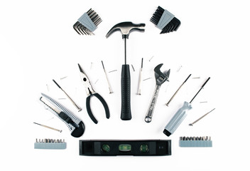 Set of various tools on white background.