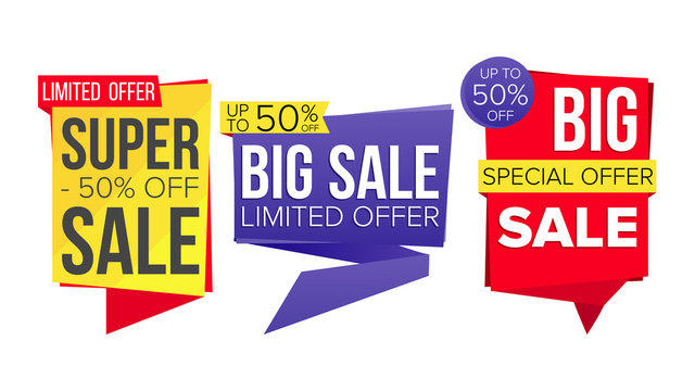 Sale Banner Collection Vector. Website Stickers, Color Web Page Design. Advertising Element. Shopping Backgrounds. Isolated Illustration