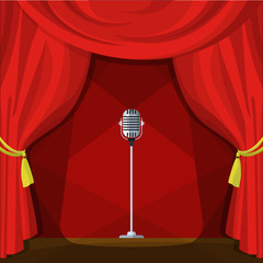 Scene with red curtains and retro microphone. Vector illustration in cartoon style