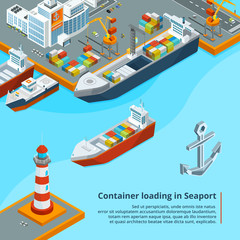 Dry cargo ship with containers. Maritime industrial work. Isometric illustrations