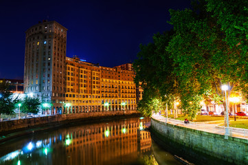 Bilbao, Spain city downtown with a Nevion River