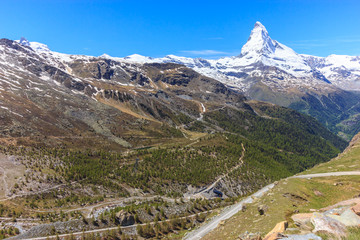 Trail with view of Matterhorn Peak in summer, Zermatt, Switzerland, Europe.