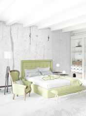 White bedroom or livingroom minimal style interior design with stylish wall and sofa. 3D Rendering. Conept of show room