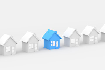 Blue and white house, on white background. 3D Rendering.