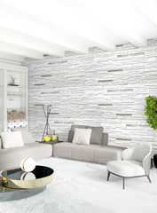 White bedroom or livingroom minimal style interior design with stylish wall and sofa. 3D Rendering. Conept of show room