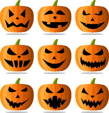 Halloween pumpkin faces set on white.