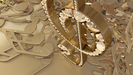 3D rendering of a musical treble clef and falling notes