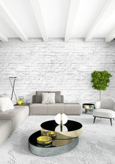 White bedroom or livingroom minimal style interior design with stylish wall and sofa. 3D Rendering. Conept of show room