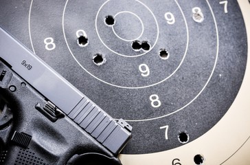 Goal setting with target, objectives and planning concept, top view, You can make a great target of business like a bullet target, gun and bullet holes on paper target