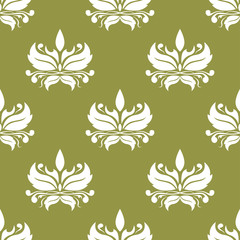 White flower on olive green background. Seamless pattern