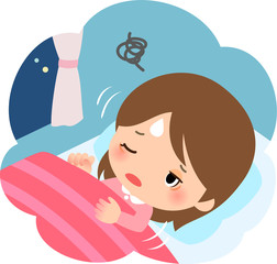 寝苦しそうに寝返りを打つ女性