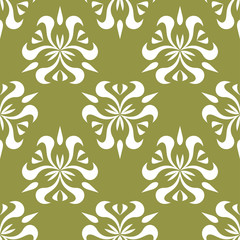 White floral seamless pattern on olive green background