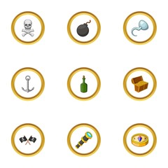 Sea adventure icons set, cartoon style
