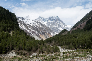 Rocky mountain under snow in Svanetia, Georgia