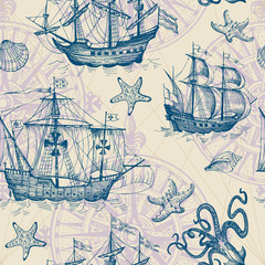 Old caravel, vintage sailboat, sea monster. Monochrome Hand drawn sketch. Vector seamless pattern for boy. Detail of the old geographical maps of sea.