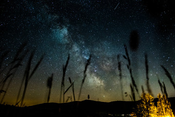 Milchstraße über einem Feld im Bayerischen Wald
