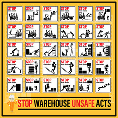 Set of safety signs and symbols of warehouse unsafe acts, Stop doing unsafe act, Fault of the persons engaged in warehouse work.