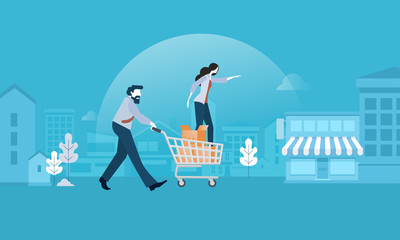 Shopping. Flat design vector illustration concept for web banner and marketing material. © PureSolution