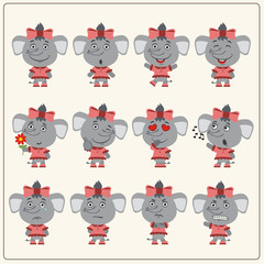 Set of charming little elephant girl in various poses. Collection emoticons of isolated girls elephant in cartoon style.