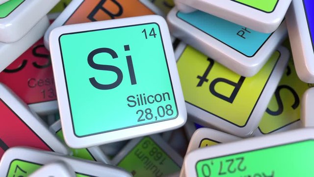 Silicon block on the pile of periodic table of the chemical elements blocks. Chemistry related intro animation
