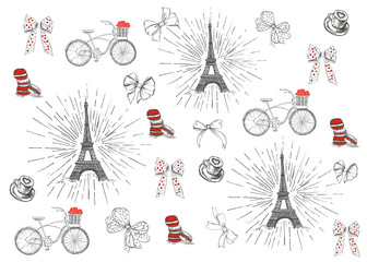 Set of hand drawn French icons, Paris sketch illustration
