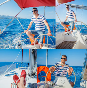 Collage of Young man sailing yacht
