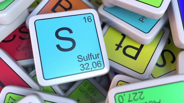Sulfur block on the pile of periodic table of the chemical elements blocks. Chemistry related intro animation