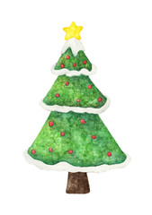 Watercolor Christmas tree illustration, Fir-tree with snow. Happy New Year card