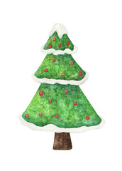 Watercolor Christmas tree illustration, Fir-tree with snow. Happy New Year card