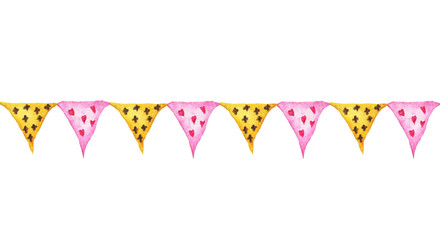 Colorful party bunting flag watercolor drawing isolated on white background, carnival garlands of flags, Holiday greeting card background.