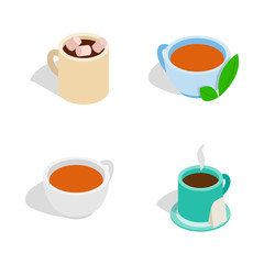 Tea cup icon set, isometric style