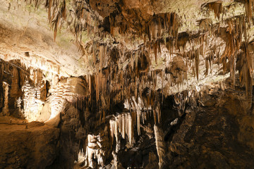 Postojna cave, Slovenia. Formations inside cave with stalactites and stalagmites
