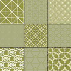 Olive green geometric ornaments. Collection of seamless patterns
