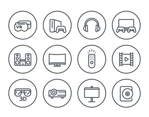 home entertainment system line icons on white, virtual reality glasses, multimedia projector, sound system, game console