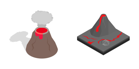 Volcano icon set, isometric style