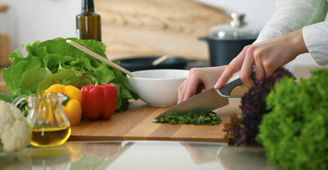 Closeup of human hands cooking vegetables salad in kitchen on the glass  table with reflection