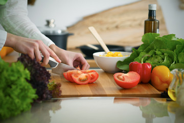 Closeup of human hands cooking vegetables salad in kitchen on the glass  table with reflection