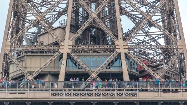 Close up view of first section of the Eiffel Tower timelapse in Paris, France.