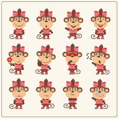 Set of charming little monkey girl in various poses. Collection emoticons of isolated girls monkey in cartoon style.