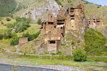 Fototapeta na wymiar Shatili, historic highland village in Georgia. Caucasus. Khevsureti. Georgia. Tilt-shift effect