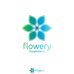 Elegant flower logo icon vector design with Green Blue Nature and fresh color design concept. Looped Leaves Logotype design vector Luxury Fashion template.