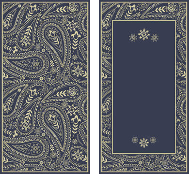 Set of vintage Invitation or wedding card with Paisley pattern and elegant floral elements in gold on dark blue background