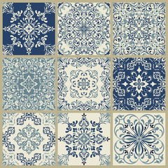 Seamless ceramic tiles with damask pattern. Vintage elements for design in Victorian style. Ornate floral decor for wallpaper, ceramic tiles. Endless eastern texture. 