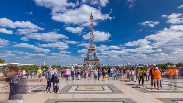 Famous square Trocadero with Eiffel tower in the background timelapse hyperlapse.