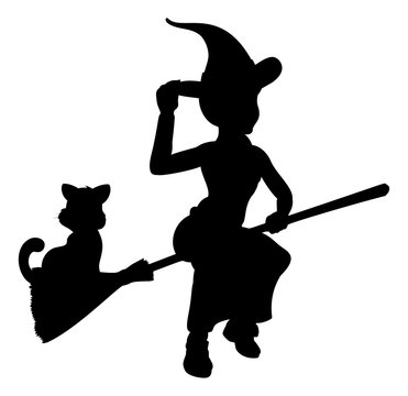 recommend clip art: Witch and Cat Flying On Broomstick Silhouette