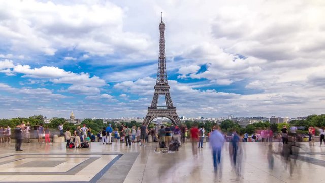 Famous square Trocadero with Eiffel tower in the background timelapse hyperlapse.