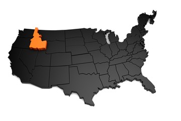 United States of America, 3d black map, with Idaho state highlighted in orange. 3d render