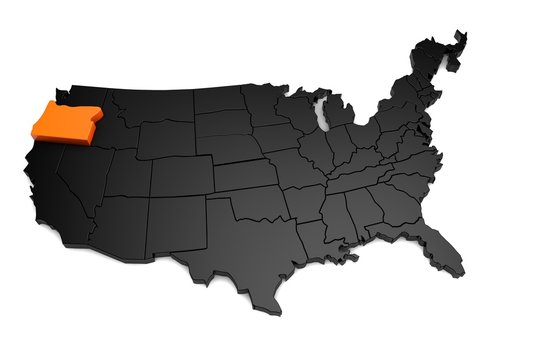 United States of America, 3d black map, with Oregon state highlighted in orange. 3d render