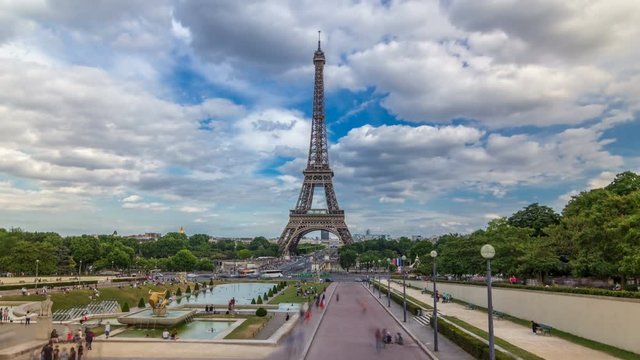 Fountains on famous square Trocadero with Eiffel tower in the background timelapse hyperlapse.
