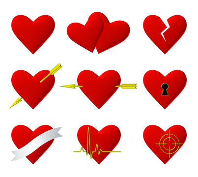 Hearts symbols 3d illustration set